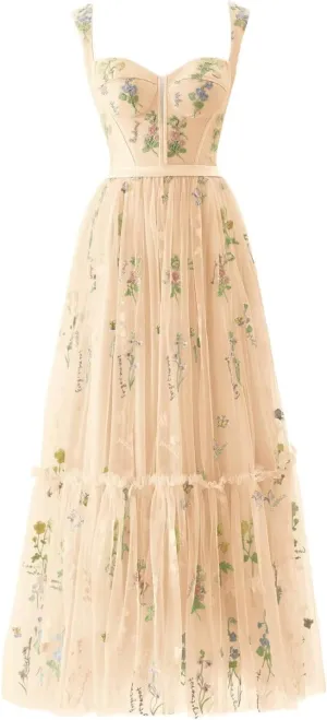Womens Flower Embroidery Tulle Prom Dress Sweetheart A Line Formal Evening Party Gown with Pockets