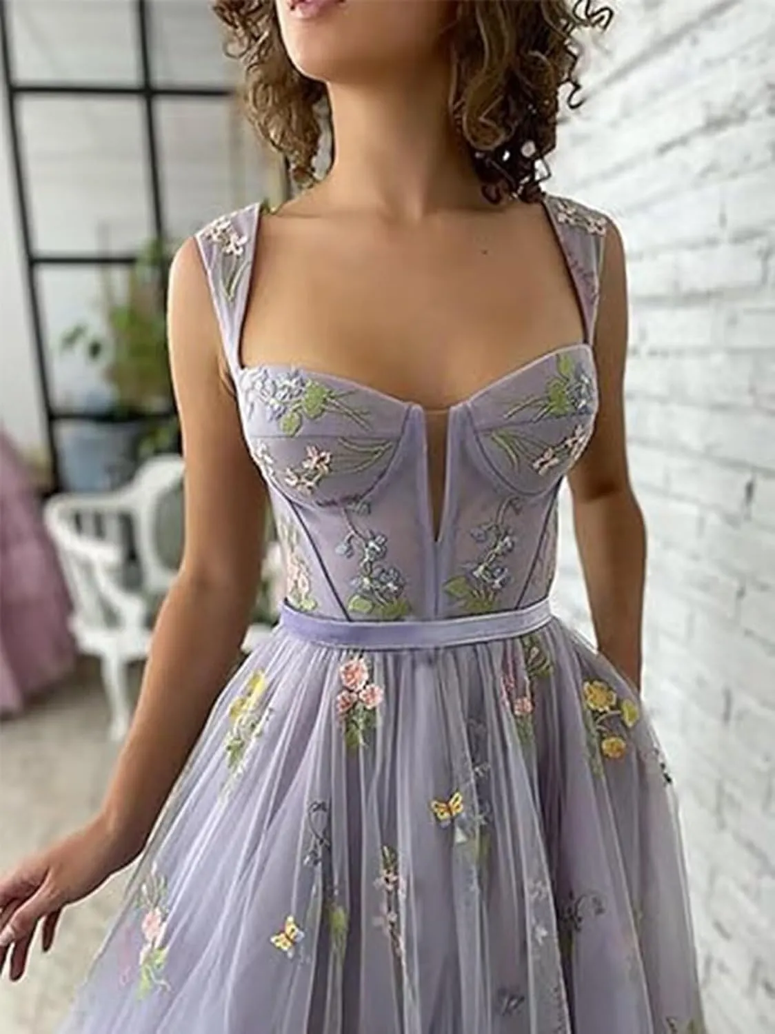 Womens Flower Embroidery Tulle Prom Dress Sweetheart A Line Formal Evening Party Gown with Pockets