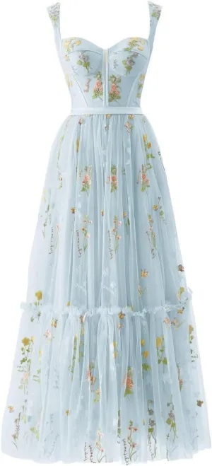 Womens Flower Embroidery Tulle Prom Dress Sweetheart A Line Formal Evening Party Gown with Pockets