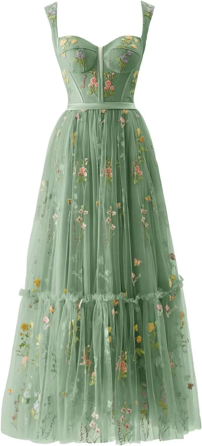 Womens Flower Embroidery Tulle Prom Dress Sweetheart A Line Formal Evening Party Gown with Pockets
