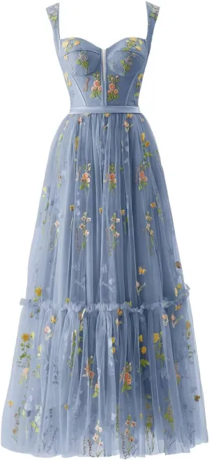 Womens Flower Embroidery Tulle Prom Dress Sweetheart A Line Formal Evening Party Gown with Pockets