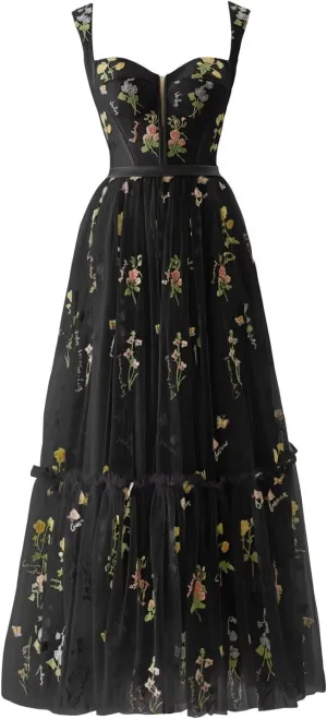 Womens Flower Embroidery Tulle Prom Dress Sweetheart A Line Formal Evening Party Gown with Pockets