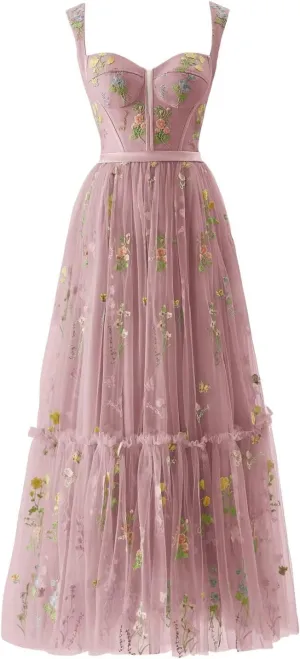 Womens Flower Embroidery Tulle Prom Dress Sweetheart A Line Formal Evening Party Gown with Pockets