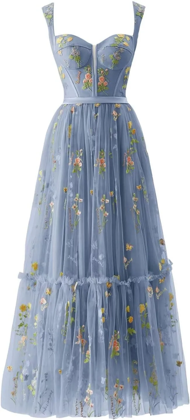 Womens Flower Embroidery Tulle Prom Dress Sweetheart A Line Formal Evening Party Gown with Pockets