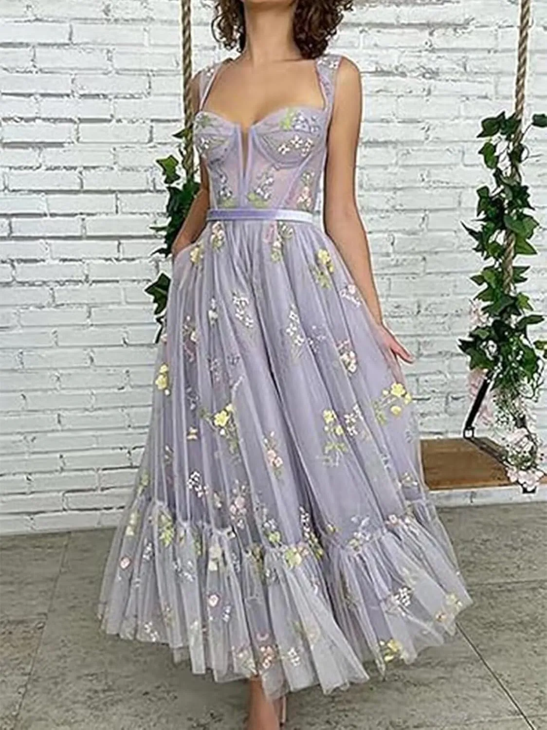 Womens Flower Embroidery Tulle Prom Dress Sweetheart A Line Formal Evening Party Gown with Pockets