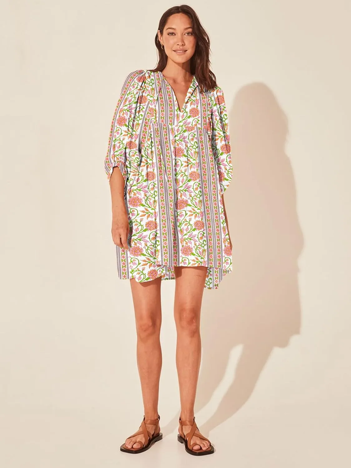 Womens Flowy Beach Dress 2025 Summer Dresses Puff Sleeve Floral Mini Dress Swing Pleated Bohemian Sundress