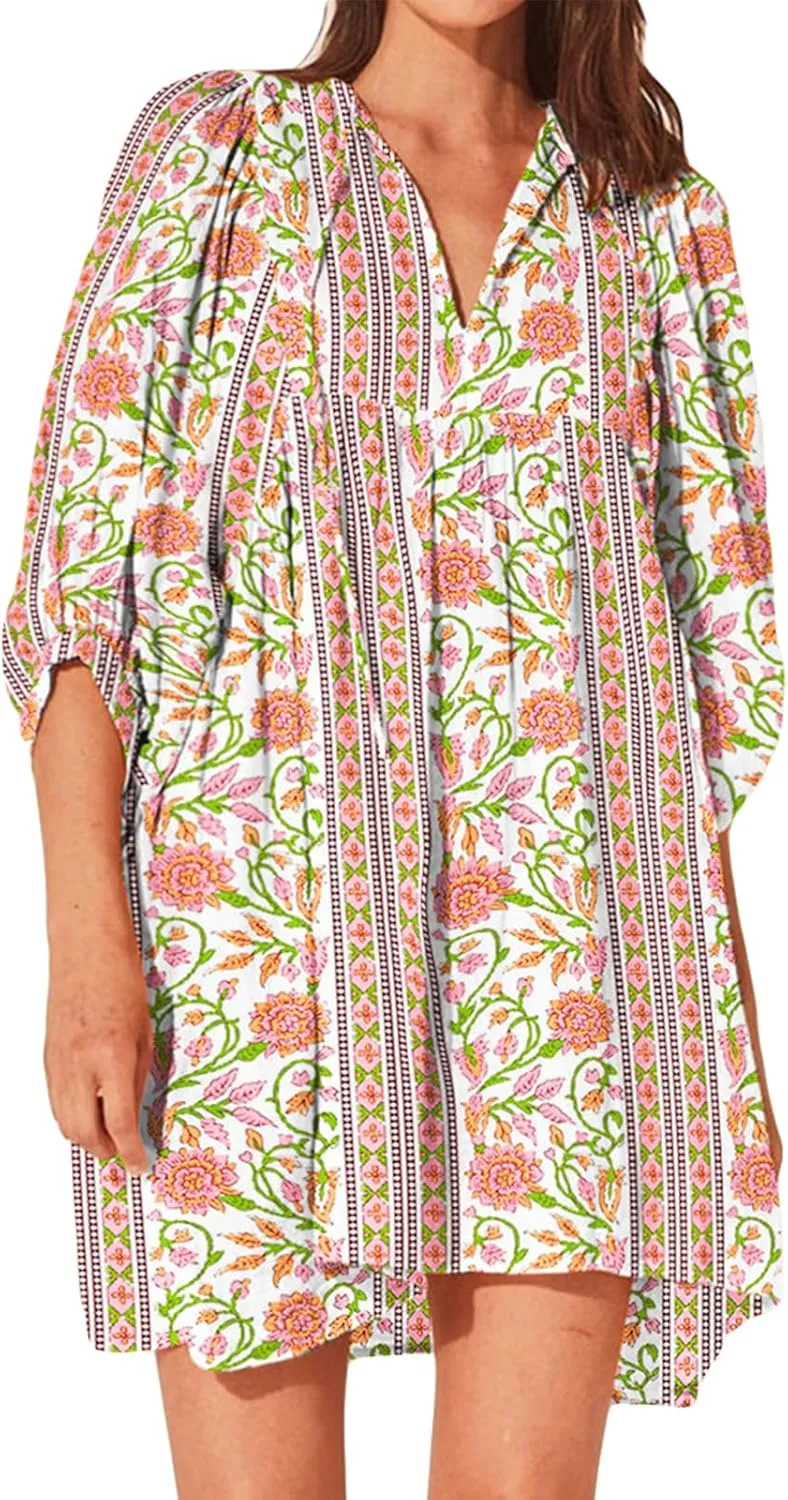 Womens Flowy Beach Dress 2025 Summer Dresses Puff Sleeve Floral Mini Dress Swing Pleated Bohemian Sundress