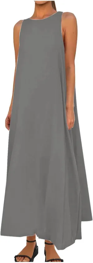 Women's Flowy Summer Dresses 2025 Crew Neck Sleeveless Casual Loose Sundress Basic Beach Tank Maxi Dress with Pockets