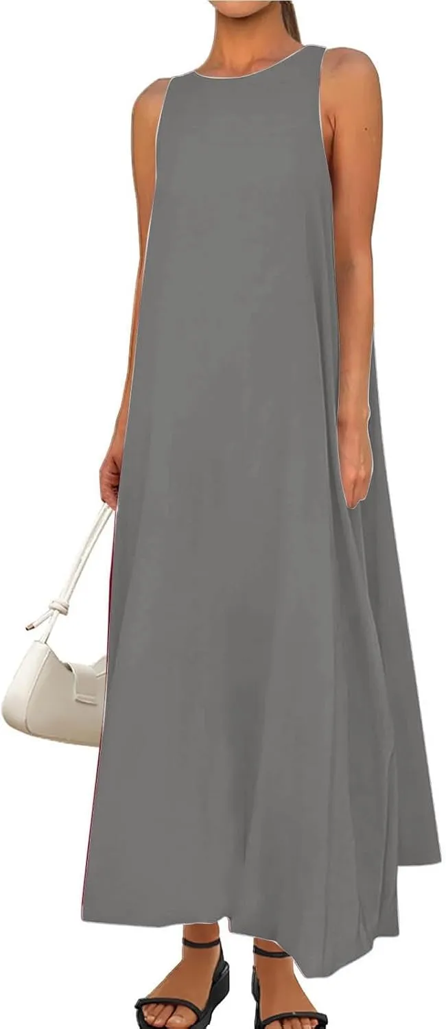 Women's Flowy Summer Dresses 2025 Crew Neck Sleeveless Casual Loose Sundress Basic Beach Tank Maxi Dress with Pockets
