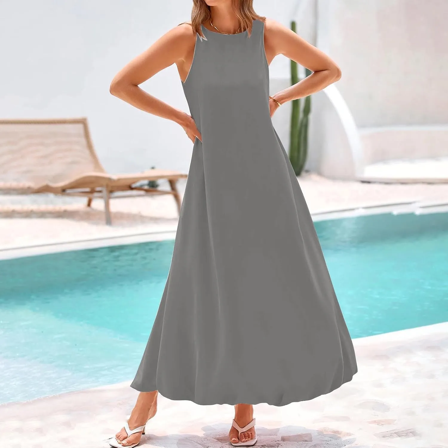 Women's Flowy Summer Dresses 2025 Crew Neck Sleeveless Casual Loose Sundress Basic Beach Tank Maxi Dress with Pockets