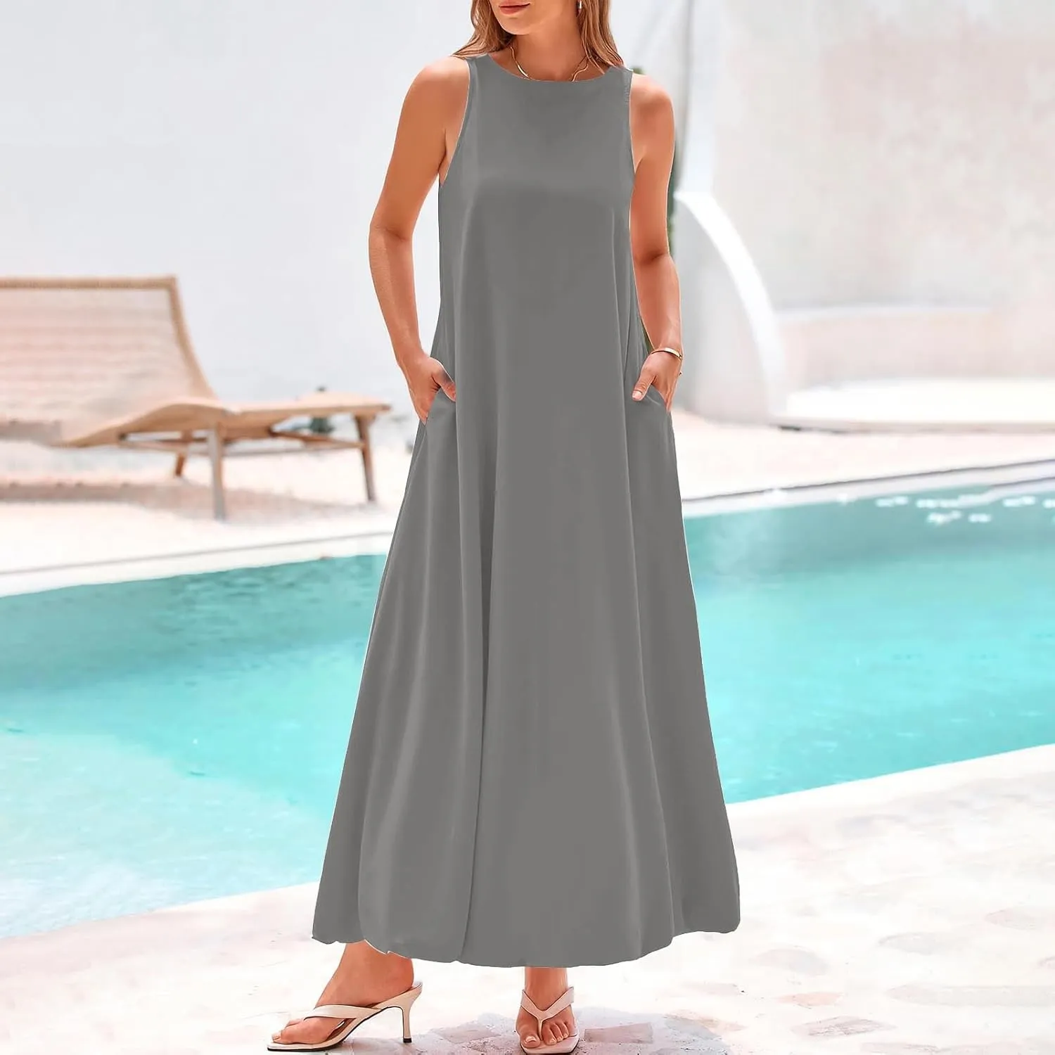 Women's Flowy Summer Dresses 2025 Crew Neck Sleeveless Casual Loose Sundress Basic Beach Tank Maxi Dress with Pockets