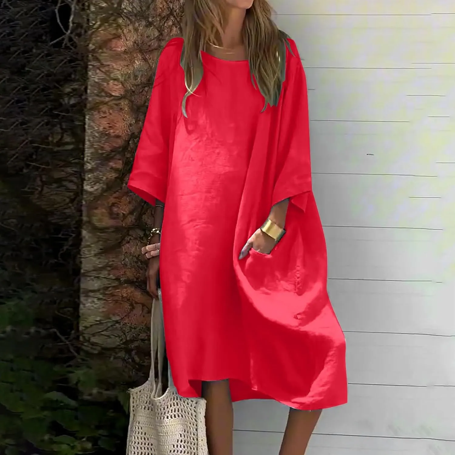 Women's Half Sleeve Maxi Cotton Linen Dress Relaxed Ruched Slit Crew Neck Flowy Vacation Modest Dresses with Pockets