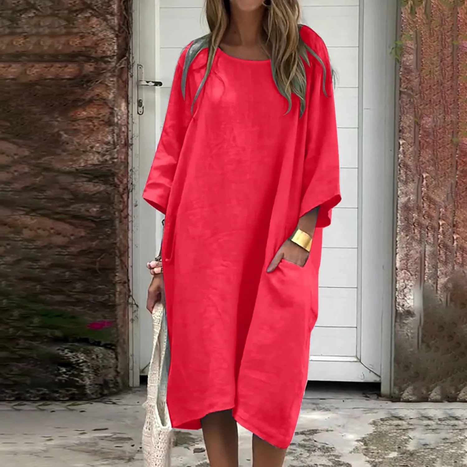 Women's Half Sleeve Maxi Cotton Linen Dress Relaxed Ruched Slit Crew Neck Flowy Vacation Modest Dresses with Pockets