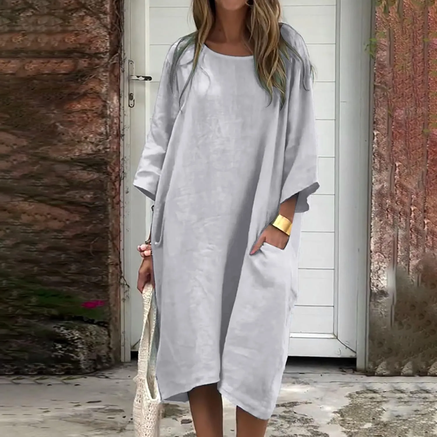 Women's Half Sleeve Maxi Cotton Linen Dress Relaxed Ruched Slit Crew Neck Flowy Vacation Modest Dresses with Pockets
