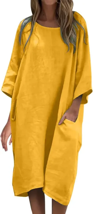 Women's Half Sleeve Maxi Cotton Linen Dress Relaxed Ruched Slit Crew Neck Flowy Vacation Modest Dresses with Pockets