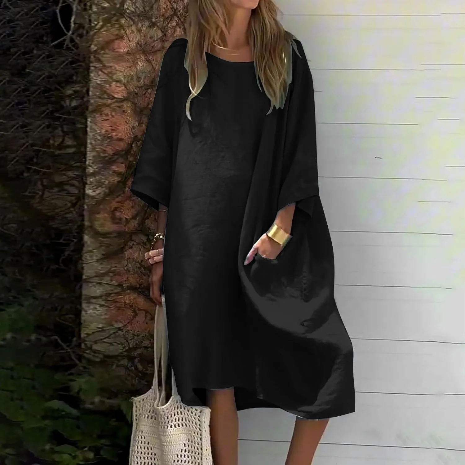 Women's Half Sleeve Maxi Cotton Linen Dress Relaxed Ruched Slit Crew Neck Flowy Vacation Modest Dresses with Pockets