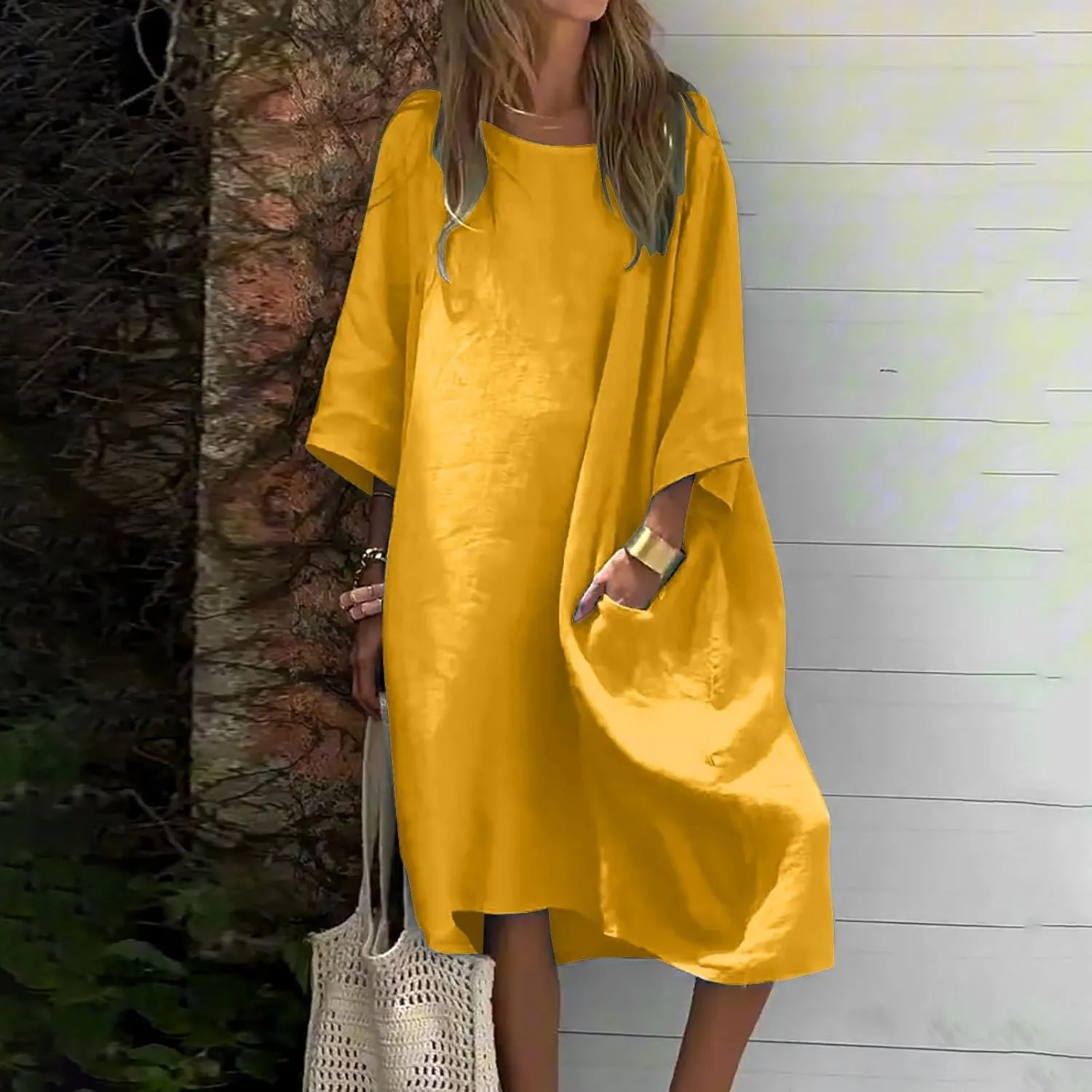 Women's Half Sleeve Maxi Cotton Linen Dress Relaxed Ruched Slit Crew Neck Flowy Vacation Modest Dresses with Pockets