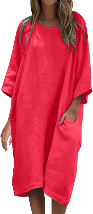 Women's Half Sleeve Maxi Cotton Linen Dress Relaxed Ruched Slit Crew Neck Flowy Vacation Modest Dresses with Pockets
