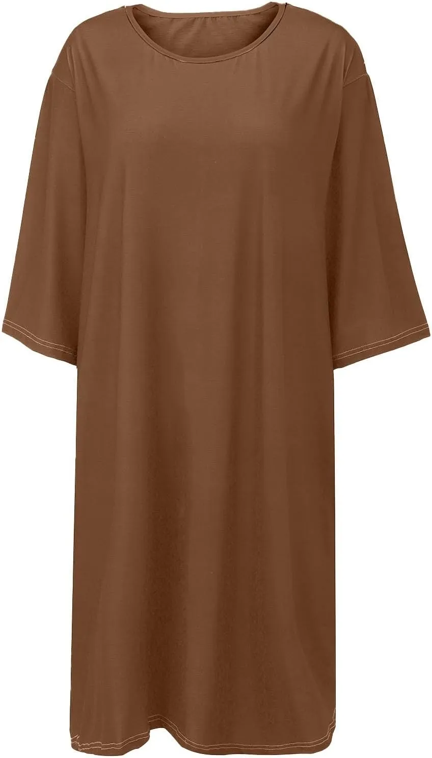 Women's Half Sleeve Maxi Cotton Linen Dress Relaxed Ruched Slit Crew Neck Flowy Vacation Modest Dresses with Pockets