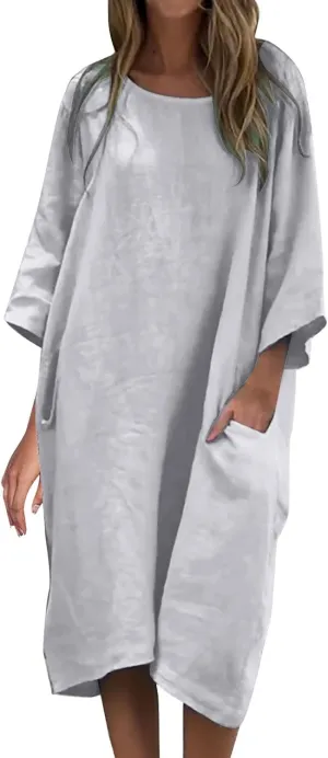 Women's Half Sleeve Maxi Cotton Linen Dress Relaxed Ruched Slit Crew Neck Flowy Vacation Modest Dresses with Pockets