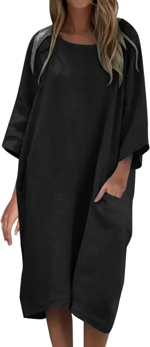 Women's Half Sleeve Maxi Cotton Linen Dress Relaxed Ruched Slit Crew Neck Flowy Vacation Modest Dresses with Pockets