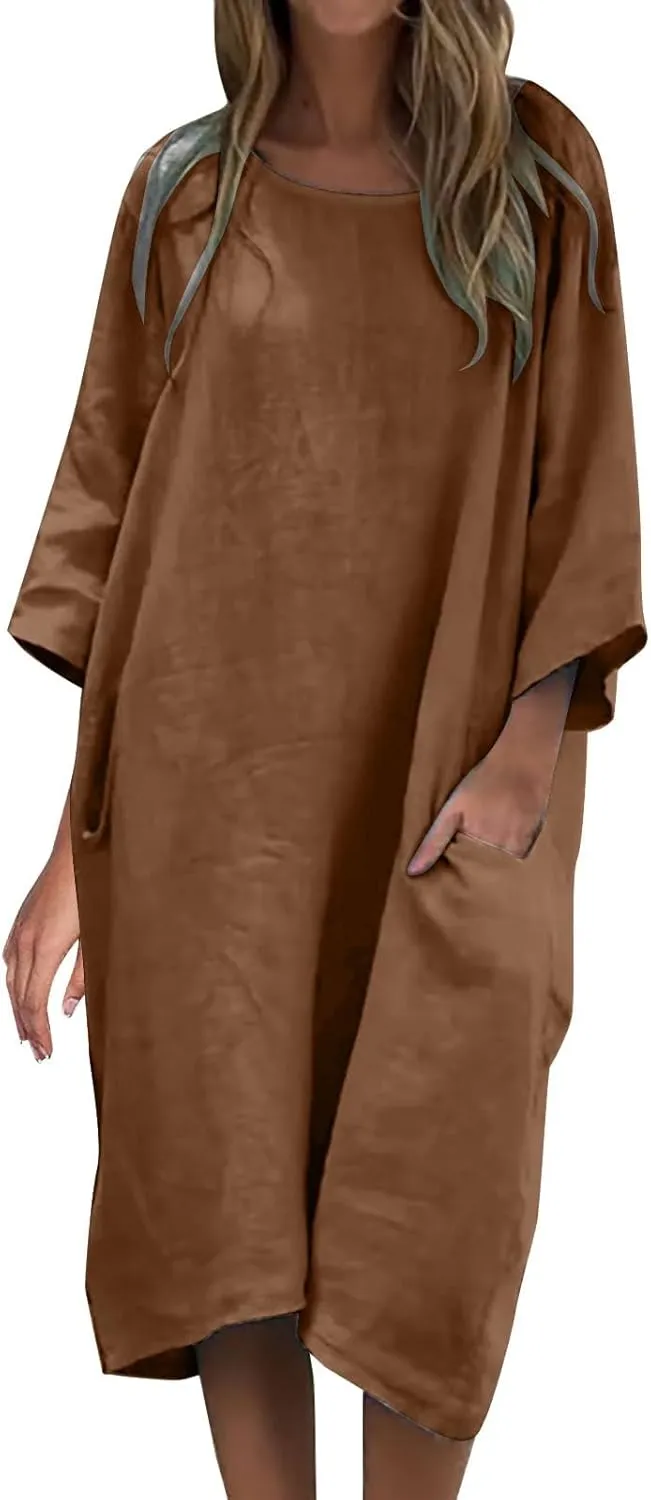 Women's Half Sleeve Maxi Cotton Linen Dress Relaxed Ruched Slit Crew Neck Flowy Vacation Modest Dresses with Pockets