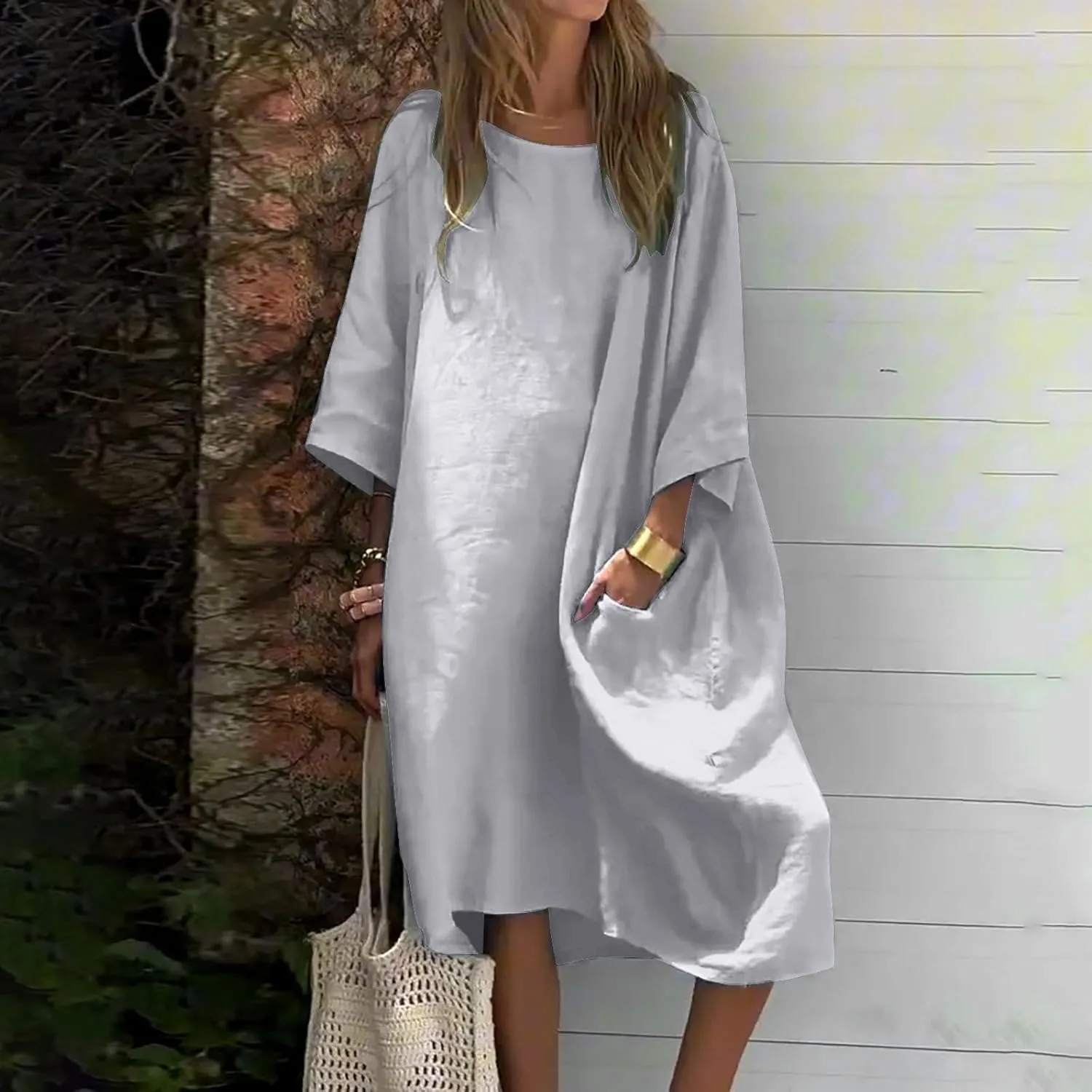 Women's Half Sleeve Maxi Cotton Linen Dress Relaxed Ruched Slit Crew Neck Flowy Vacation Modest Dresses with Pockets