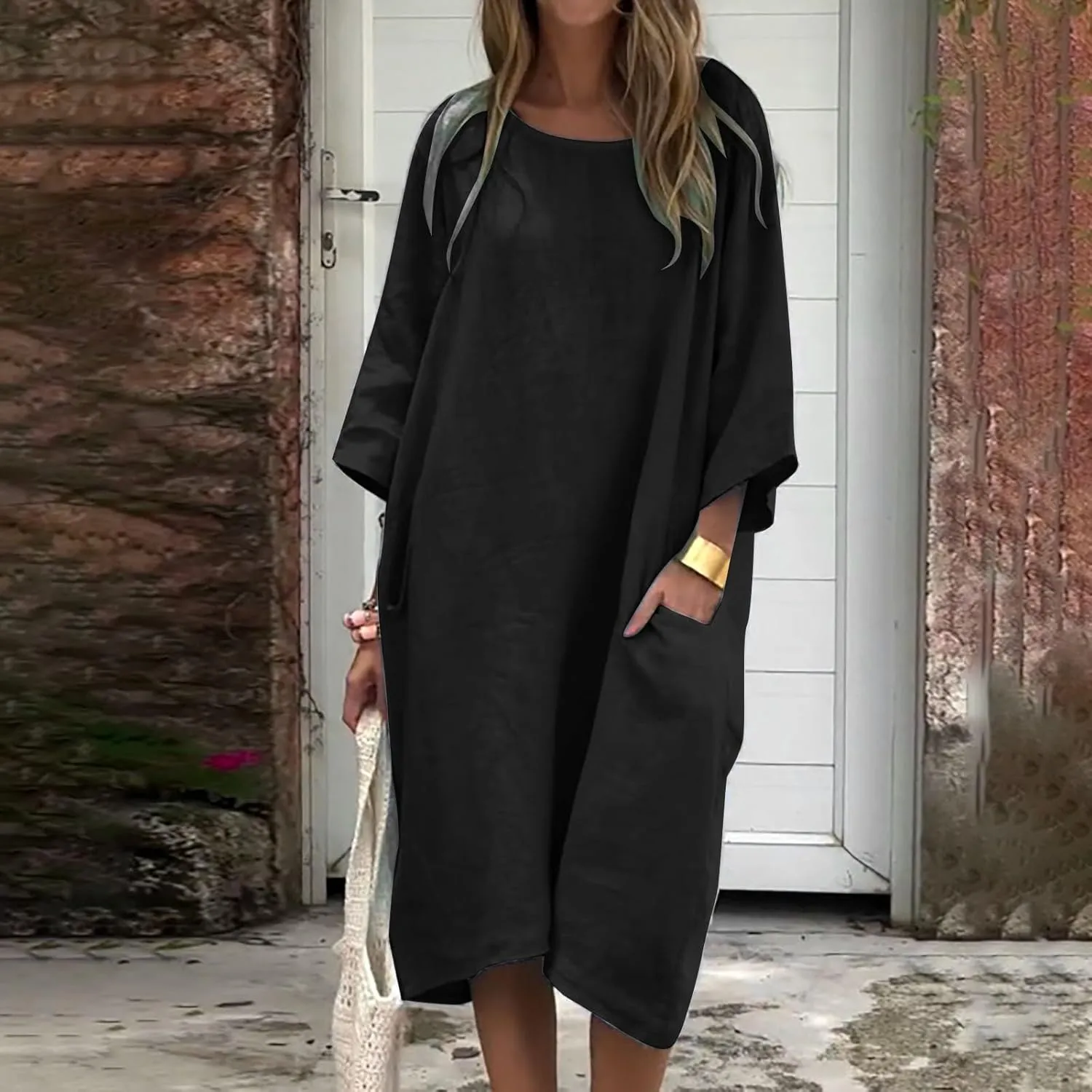 Women's Half Sleeve Maxi Cotton Linen Dress Relaxed Ruched Slit Crew Neck Flowy Vacation Modest Dresses with Pockets