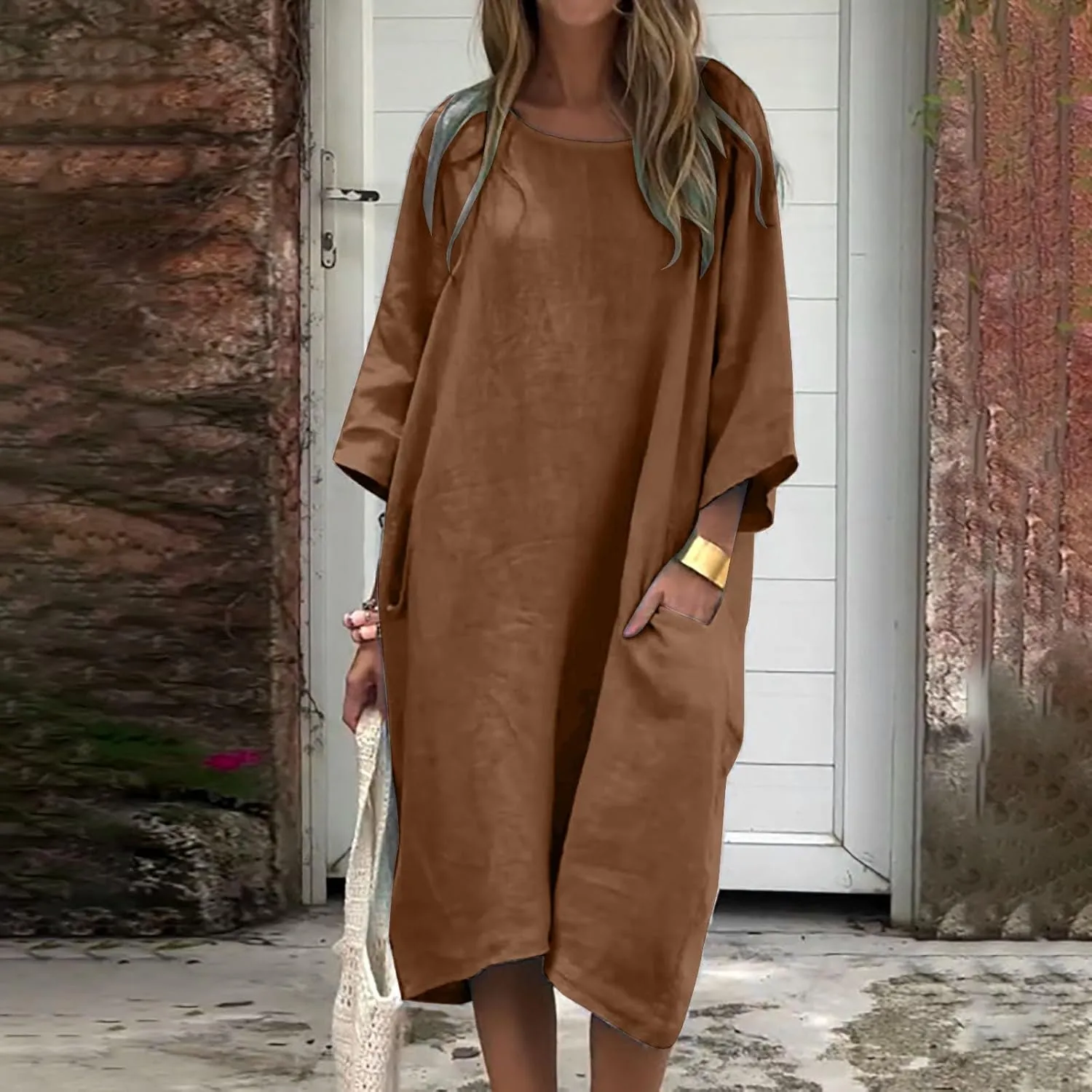 Women's Half Sleeve Maxi Cotton Linen Dress Relaxed Ruched Slit Crew Neck Flowy Vacation Modest Dresses with Pockets