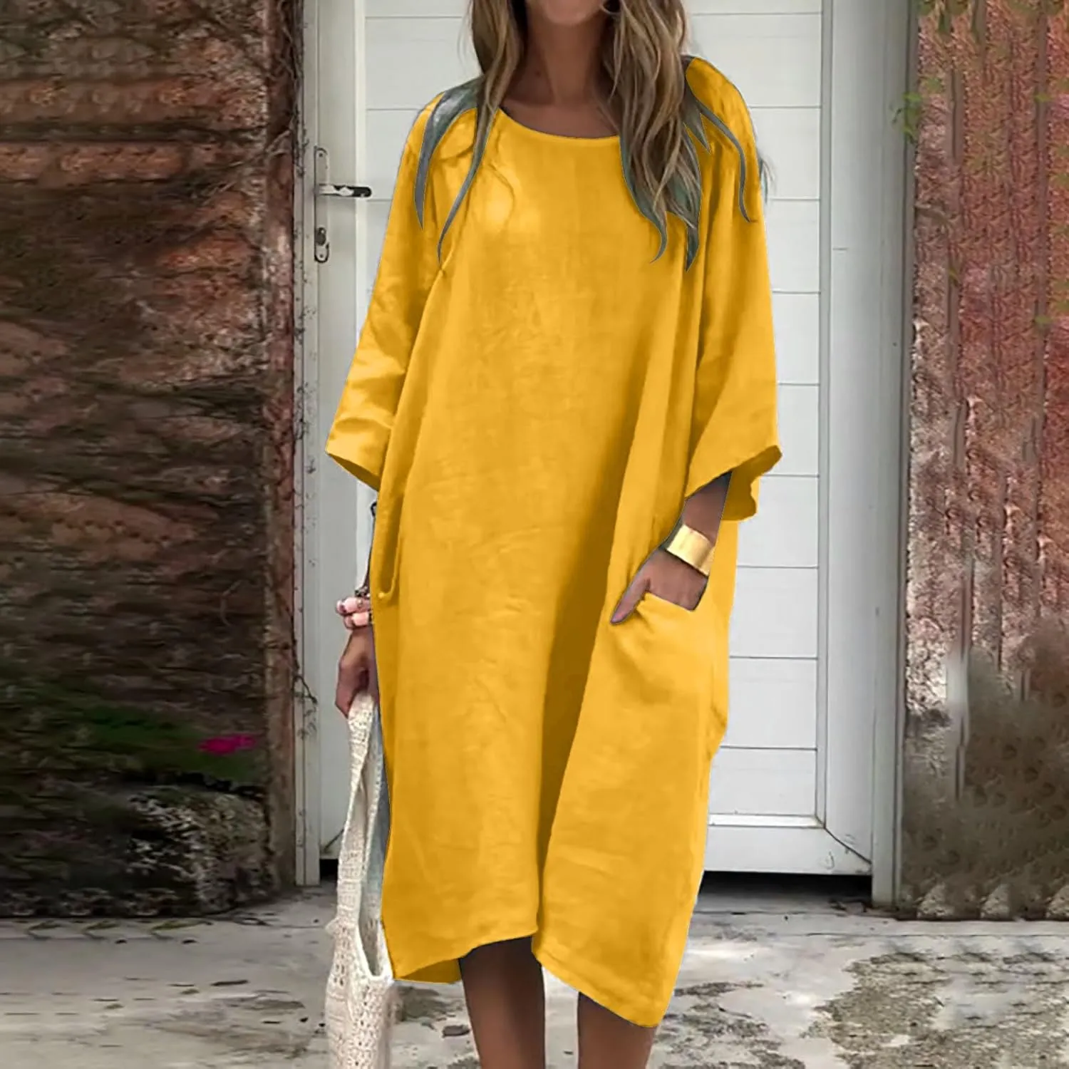 Women's Half Sleeve Maxi Cotton Linen Dress Relaxed Ruched Slit Crew Neck Flowy Vacation Modest Dresses with Pockets