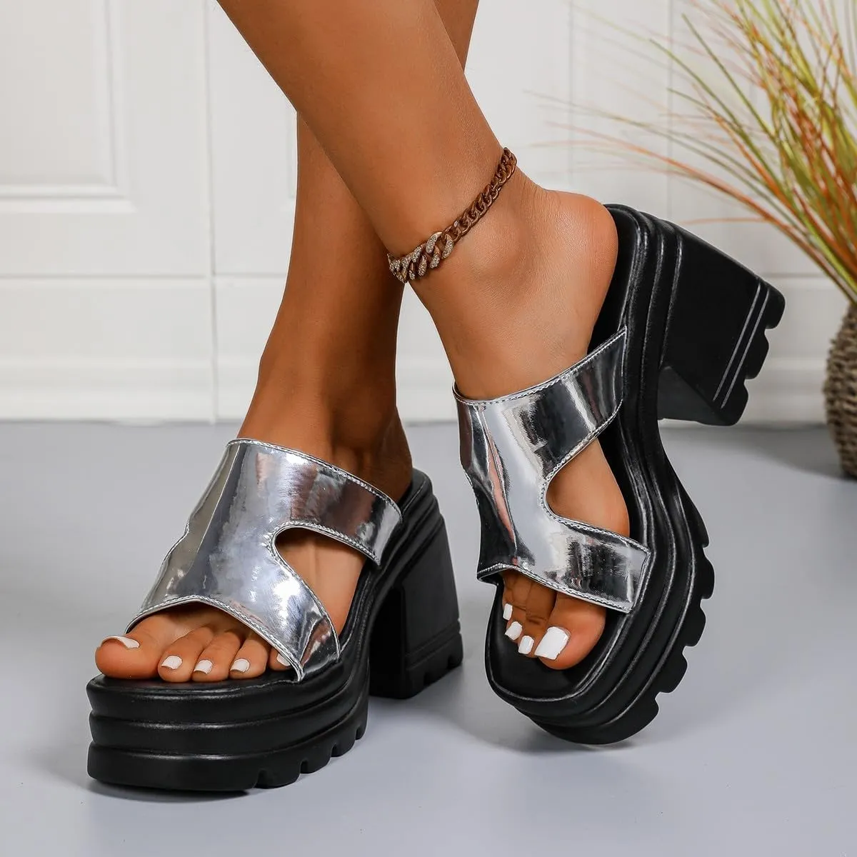 Women's Heels Sandals Peep Toe Slip On Sparkly Orthopedic Block Platform Sandal Slingback Mid Heeled Casual Summer Comfy Shoes