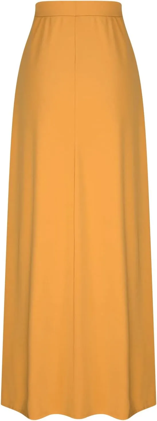 Womens High Elastic Waist Maxi Skirts Basic Drawstring Ankle Length Skirts Ladies A Line Solid Skirts with Pockets