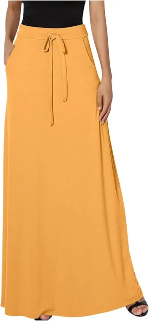 Womens High Elastic Waist Maxi Skirts Basic Drawstring Ankle Length Skirts Ladies A Line Solid Skirts with Pockets