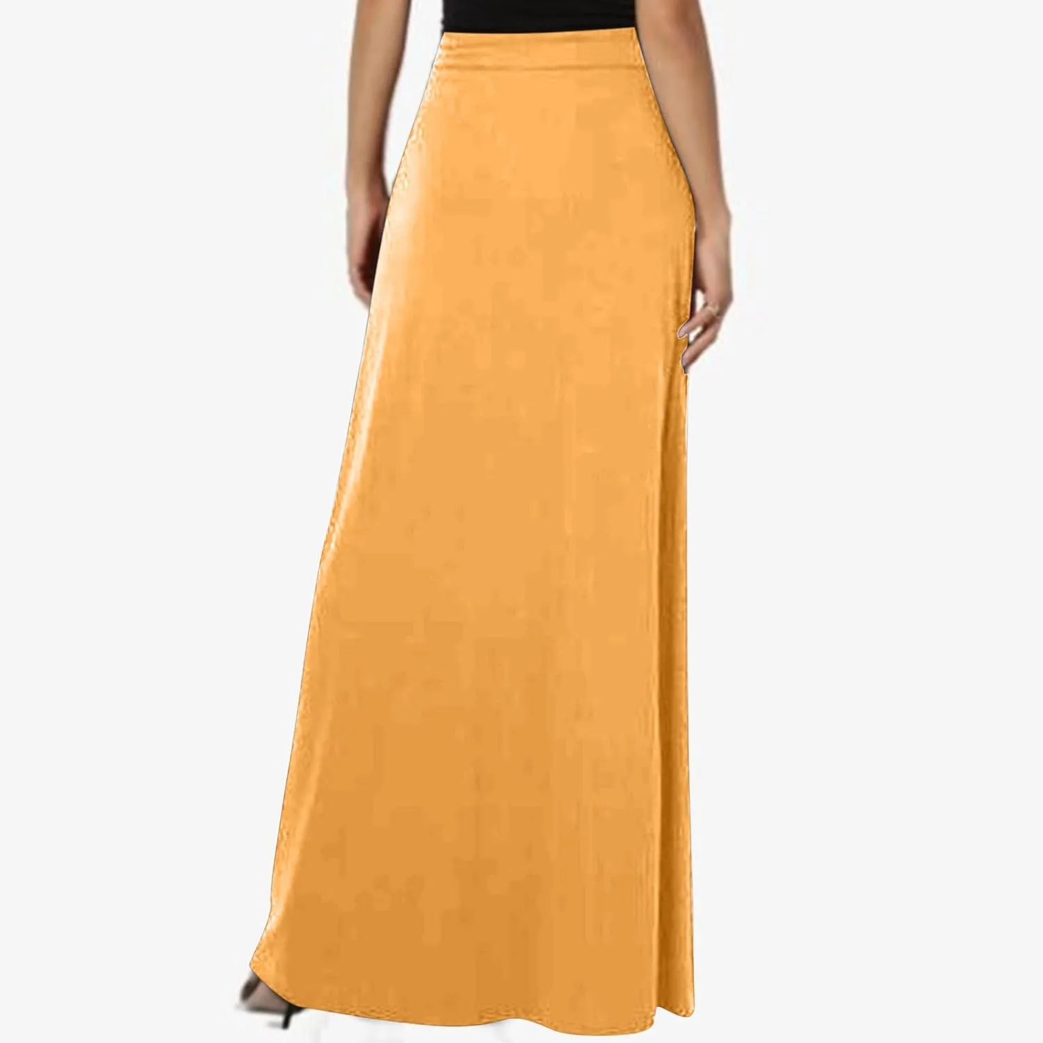 Womens High Elastic Waist Maxi Skirts Basic Drawstring Ankle Length Skirts Ladies A Line Solid Skirts with Pockets
