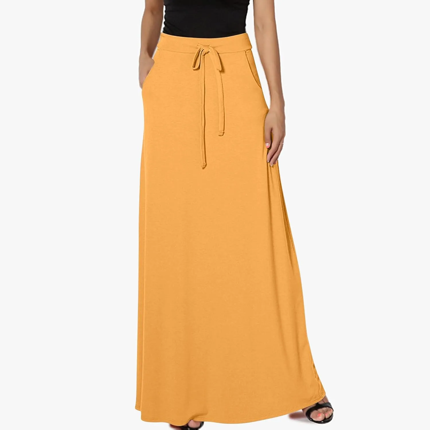 Womens High Elastic Waist Maxi Skirts Basic Drawstring Ankle Length Skirts Ladies A Line Solid Skirts with Pockets