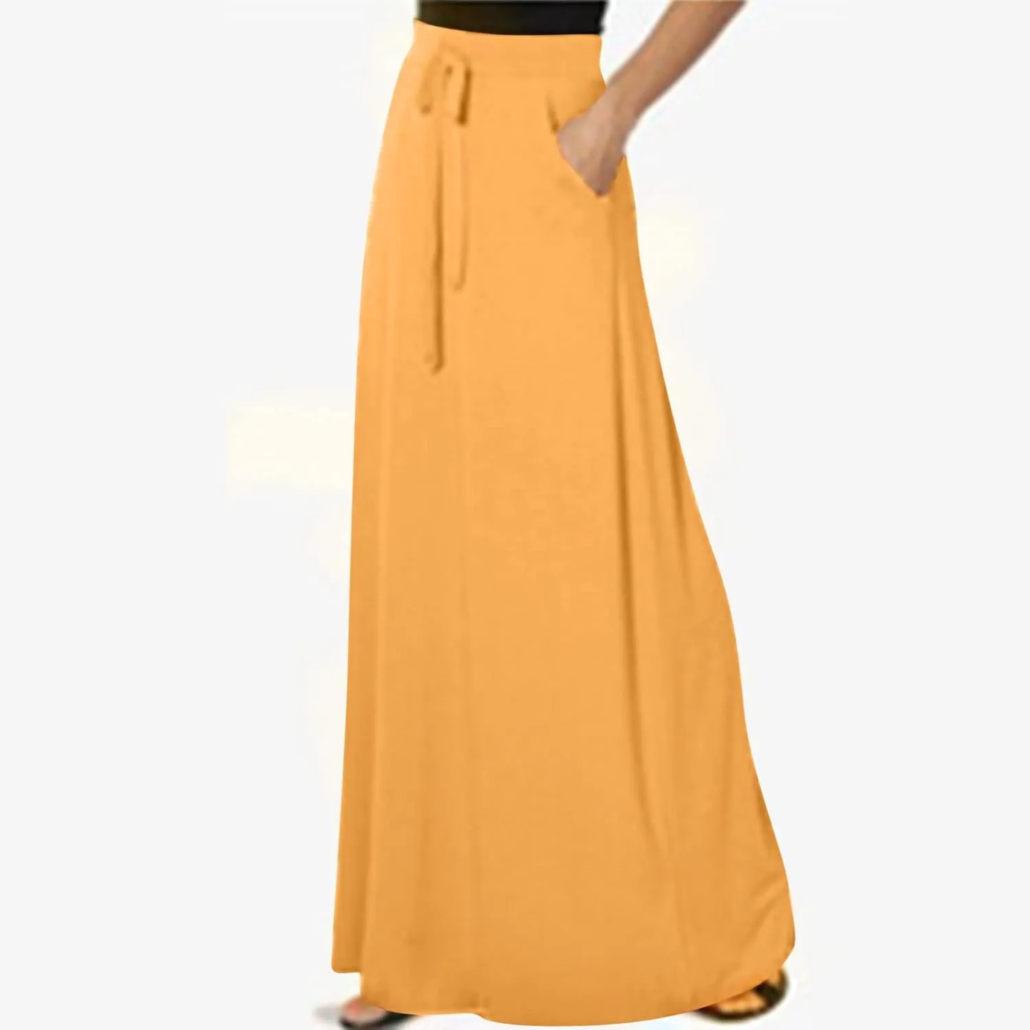 Womens High Elastic Waist Maxi Skirts Basic Drawstring Ankle Length Skirts Ladies A Line Solid Skirts with Pockets