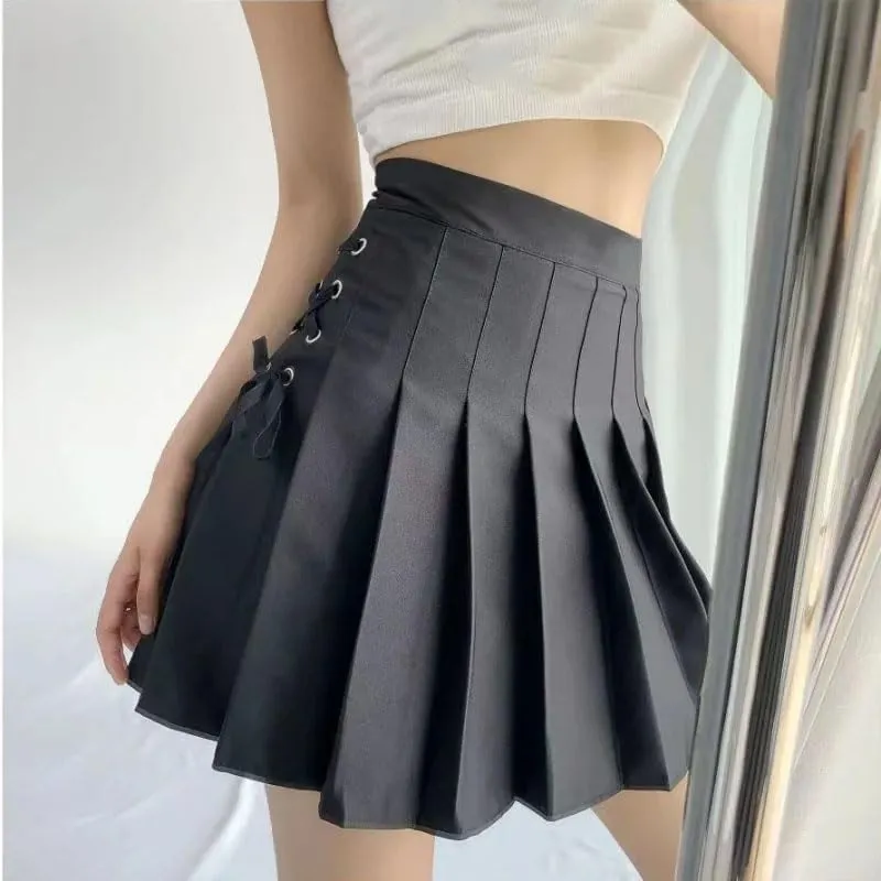 Women's High-Waisted Lace-Up Pleated Short Skirt Solid Versatile Mini Skirts