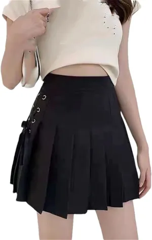 Women's High-Waisted Lace-Up Pleated Short Skirt Solid Versatile Mini Skirts