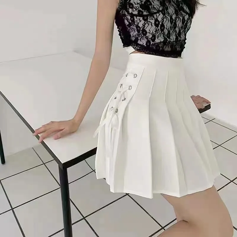 Women's High-Waisted Lace-Up Pleated Short Skirt Solid Versatile Mini Skirts