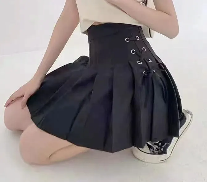 Women's High-Waisted Lace-Up Pleated Short Skirt Solid Versatile Mini Skirts