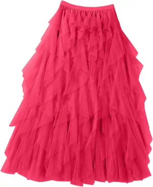 Women's High Waisted Midi Skirt Multi-Layer A-Line Pleated Midi Skirt 2024 Flowy Versatile Irregular Work Mesh Skirts