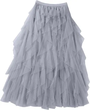 Women's High Waisted Midi Skirt Multi-Layer A-Line Pleated Midi Skirt 2024 Flowy Versatile Irregular Work Mesh Skirts