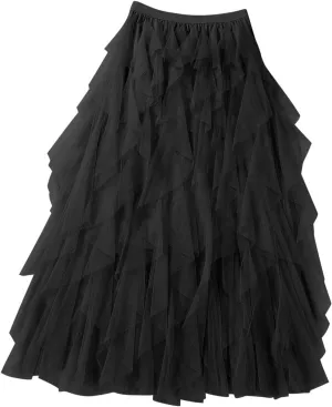 Women's High Waisted Midi Skirt Multi-Layer A-Line Pleated Midi Skirt 2024 Flowy Versatile Irregular Work Mesh Skirts