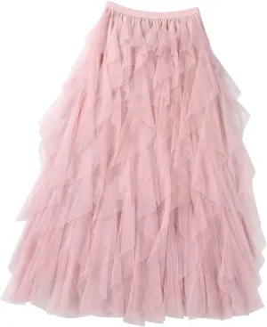 Women's High Waisted Midi Skirt Multi-Layer A-Line Pleated Midi Skirt 2024 Flowy Versatile Irregular Work Mesh Skirts