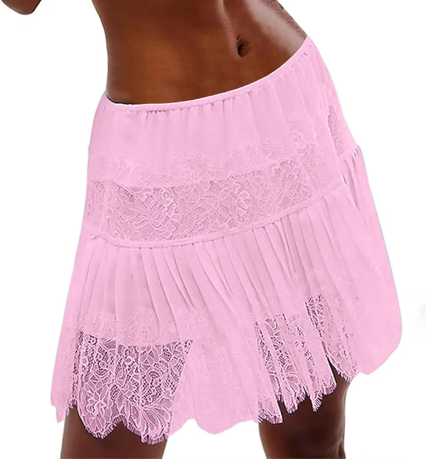 Womens Lace Mini Skirts Elastic Waisted Flowy Skirts Pleated Ruffle Skirts Low Rise Short Skirts Trendy Summer Skirt