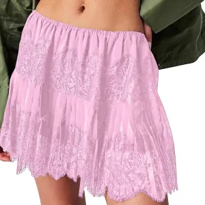 Womens Lace Mini Skirts Elastic Waisted Flowy Skirts Pleated Ruffle Skirts Low Rise Short Skirts Trendy Summer Skirt