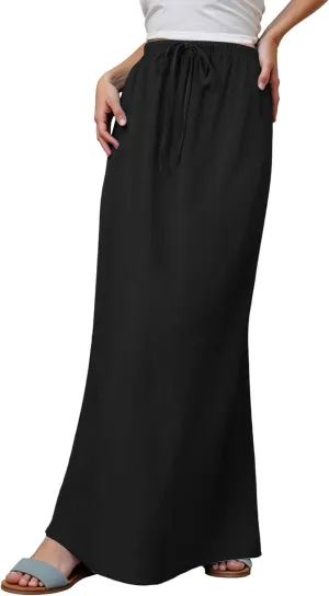 Womens Linen Maxi Skirts, Summer Comfy Long Skirts Boho Casual Flowy Skirts Drawstring Waist A Line Skirts