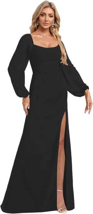 Women's Long Puffy Sleeve Bridesmaid Dresses with Slit Corset Bodice Empire Waist Prom Party Gowns 2025