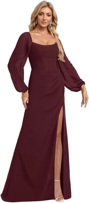 Women's Long Puffy Sleeve Bridesmaid Dresses with Slit Corset Bodice Empire Waist Prom Party Gowns 2025