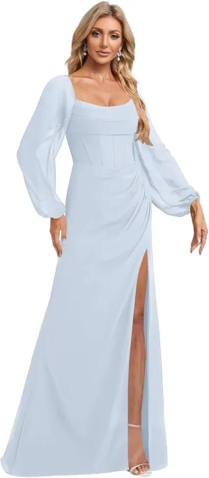 Women's Long Puffy Sleeve Bridesmaid Dresses with Slit Corset Bodice Empire Waist Prom Party Gowns 2025